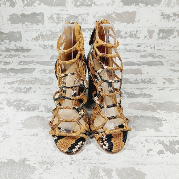 Schutz Julianna Block Snake-Embossed Leather Cage Sandals H868 - Picture 3 of 13